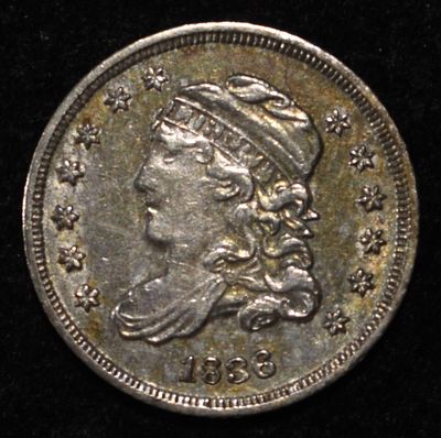1836 BUST HALF DIME AU/BU. LEADERS IN ON-LINE AUCTIONS ESTIMATE $400 - $450.