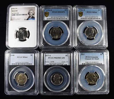 (5) JEFFERSON NICKELS & (1) BUFFALO NICKEL. 1937 BUFFALO NICKEL PCGS GENUINE AU DETAIL CLEANED 