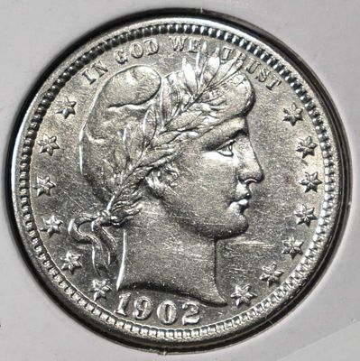 1902 BARBER QUARTER CH AU. BID WITH SILVER CITY AUCTIONS ESTIMATE $220 - $270.