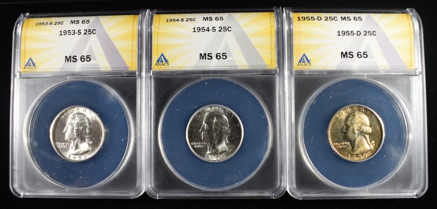 1953-S, 54-S & 55-D WASHINGTON 25C ANACS MS65