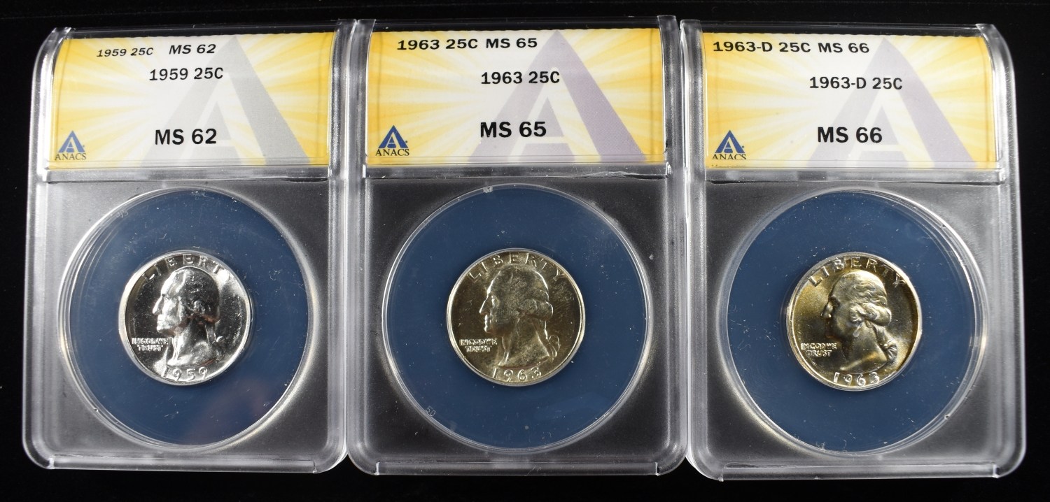 1959 & 63-P&D WASHINGTON 25C ANACS MS62-66