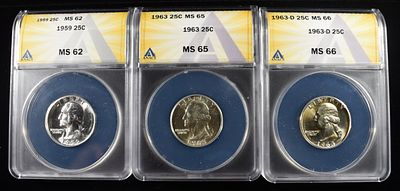1959 & 63-P&D WASHINGTON 25C ANACS MS62-66. BID WITH SILVER CITY AUCTIONS ESTIMATE $100 - $150.