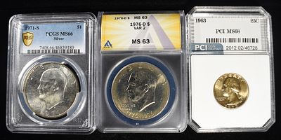 (3) GRADED COINS. 1971-S SILVER EISENHOWER DOLLAR PCGS MS66, 1976-D EISENHOWER DOLLAR ANACS MS63 