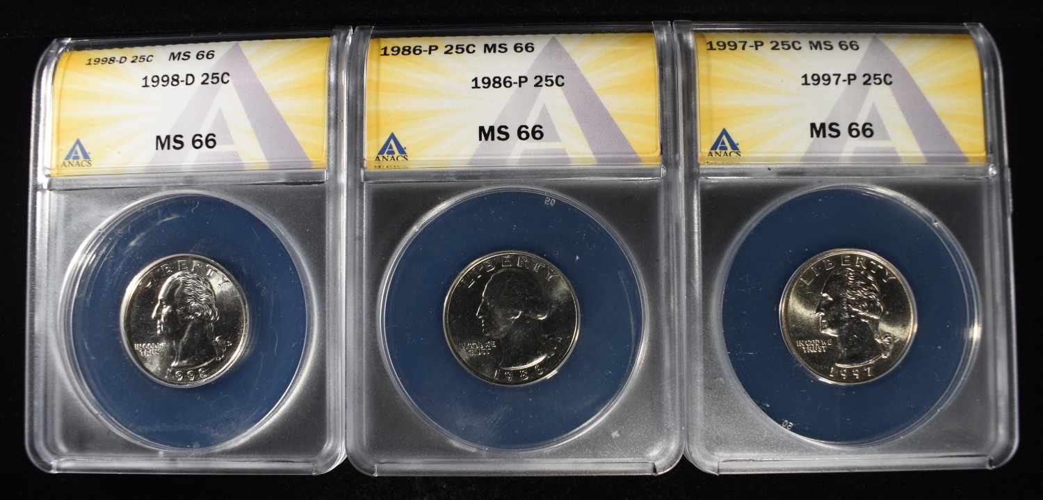 1986-P, 97-P & 98-D WASHINGTON 25C ANACS MS66