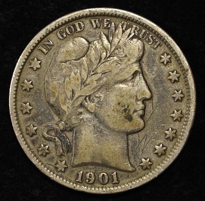 1901 BARBER HALF DOLLAR VF. TOP RATED AUCTION HOUSE ESTIMATE $180 - $230.