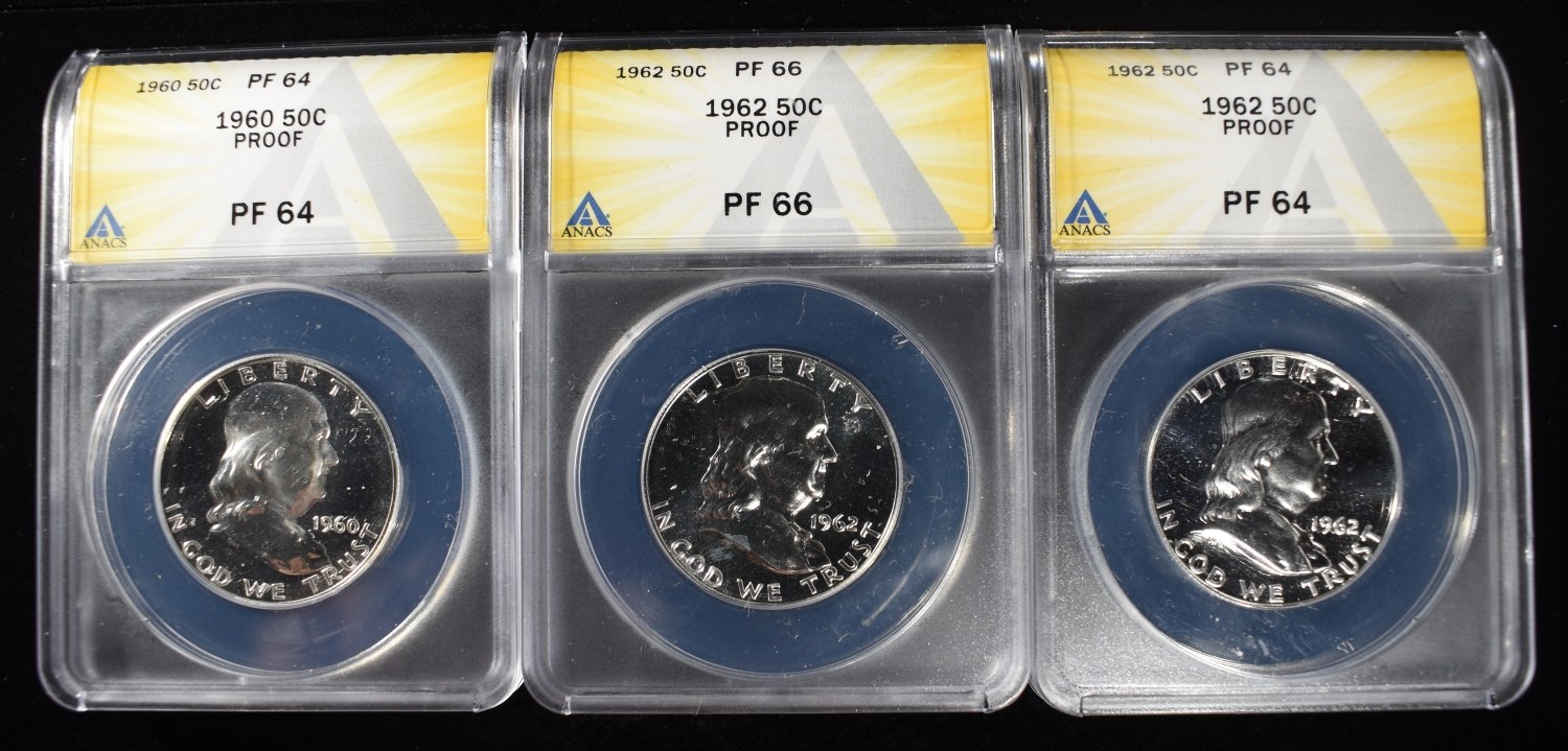 1960 & (2) 1962 FRANKLIN 50C ANACS PF64 & PF66