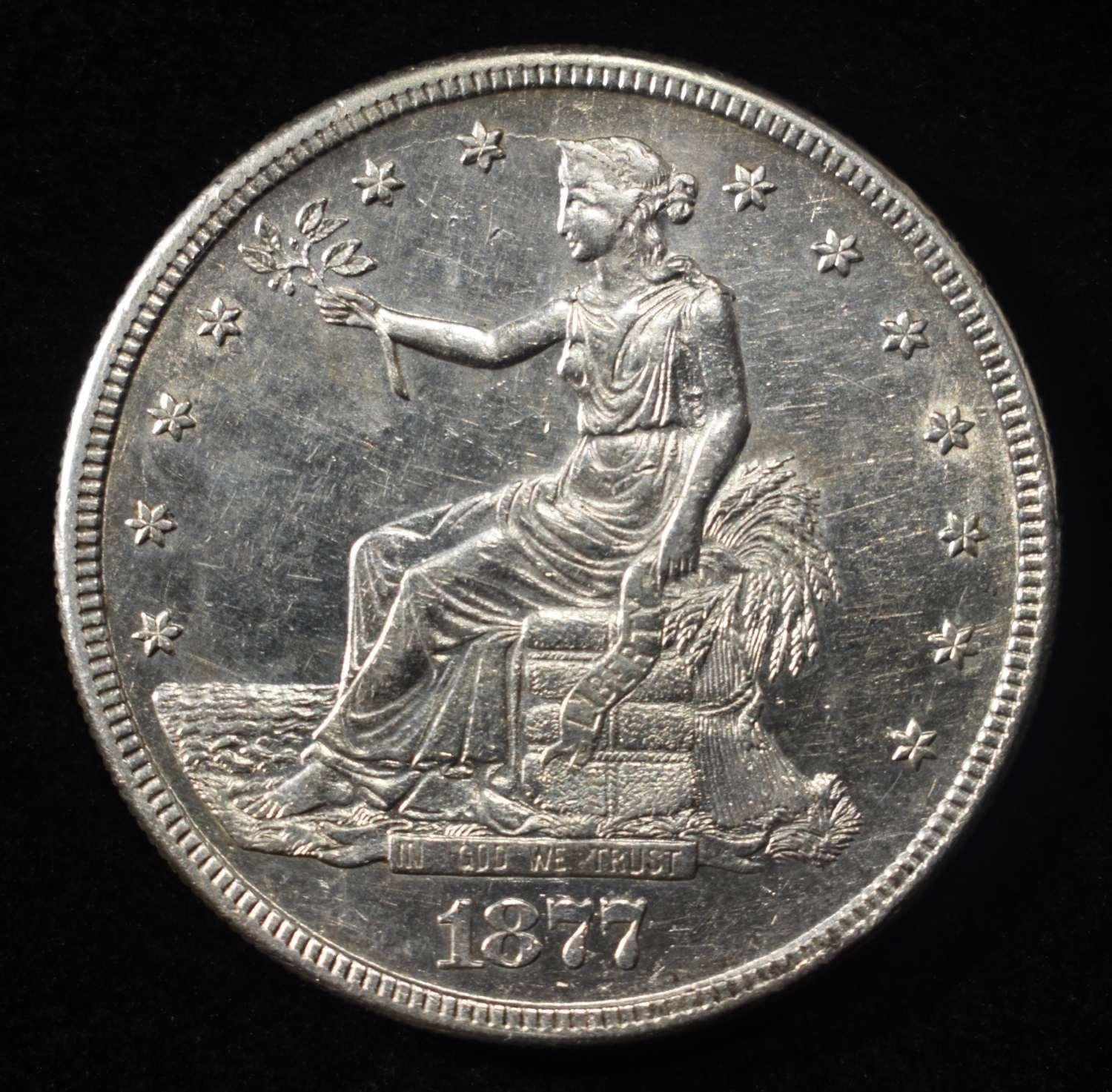 1877-S TRADE DOLLAR BU SOME LIGHT OLD CLEANING