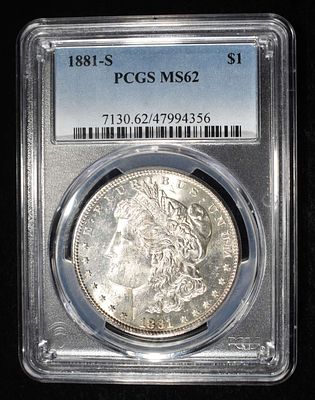 1881-S MORGAN DOLLAR PCGS MS-62. CHECK OUT OUR UPCOMING AUCTIONS ESTIMATE $130 - $150.