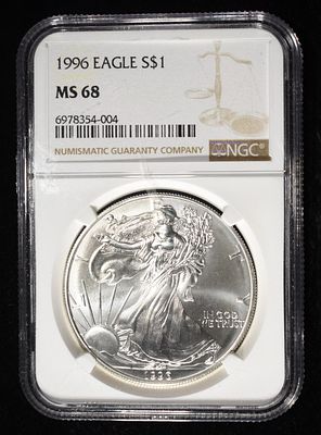 1996 AMERICAN SILVER EAGLE NGC MS68. BID WITH SILVER CITY AUCTIONS ESTIMATE $90 - $130.