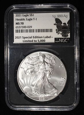 2021 AMERICAN SILVER EAGLE NGC MS70. HERALDIC EAGLE T-1, 2021 SPECIAL EDITION LABEL ESTIMATE 