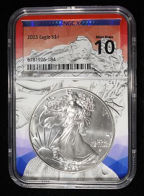 2023 AMERICAN SILVER EAGLE NGCX MINT 10. LEADERS IN ON-LINE AUCTIONS ESTIMATE $130 - $180.