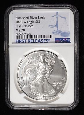2023-W AMERICAN SILVER EAGLE NGC MS70 FR BURN. CHECK OUT OUR UPCOMING AUCTIONS ESTIMATE $130 - $180.