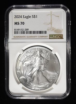2024 AMERICAN SILVER EAGLE NGC MS70. WEEKLY COIN & CURRENCY AUCTIONS ESTIMATE $130 - $180.