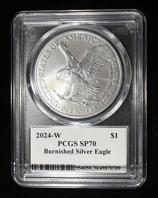 2024-W AMERICAN SILVER EAGLE PCGS SP70. BURNISHED ESTIMATE $200 - $250.