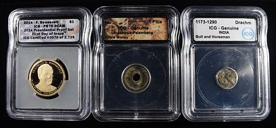(3) GRADED ICG COINS. 2014 F. ROOSEVELT DOLLAR ICG PR70DCAM, 1 PITIS ND INDONESIA-PALEMBANG 