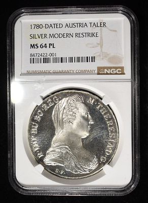 1780-DATED AUSTRIA TALER NGC MS64 PL. SILVER MODERN RESTRIKE ESTIMATE $90 - $130.