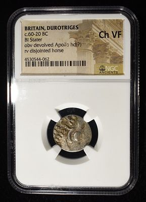 c.60-20 BC BI STATER, OBV DEVOLVED APOLLO NGC CHVF. BRITAIN, DUROTRIGES LEADERS IN ON-LINE 