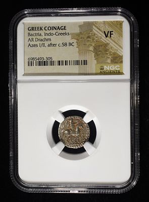 AFTER c.58 BC, AZES I/II, AR DRACHM NGC VF. BACTRIA, INDO-GREEKS ESTIMATE $130 - $180.