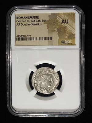 AD 238-244 GORDIAN III ROMAN EMPIRE NGC AU. AR DOUBLE-DENARIUS LEADERS IN ON-LINE AUCTIONS 