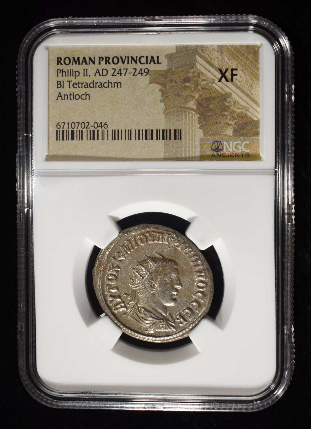 PHILIP II, AD 247-249 BI TETRADRACHM NGC XF