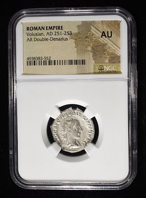 VOLUSIAN, AD 251-253 AR DOUBLE-DENARIUS NGC AU. ROMAN EMPIRE WEEKLY COIN & CURRENCY AUCTIONS 