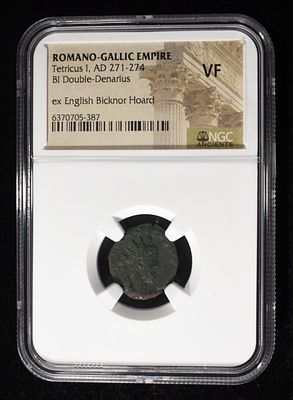 TETRICUS I, AD 271-274 BI DOUBLE-DENARIUS NGC VF. ENGLISH BICKNOR HOARD, ROMAN-GALLIC EMPIRE 