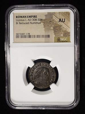 AD 308-324 LICINIUS I BI REDUCED NUMMUS NGC AU. ROMAN EMPIRE WEEKLY COIN & CURRENCY AUCTIONS 