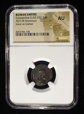 AD 337-340 CONSTANTINE II AE3 (BI NUMMUS) NGC AU. ISSUE AS CAESAR, ROMAN EMPIRE BID WITH SILVER 