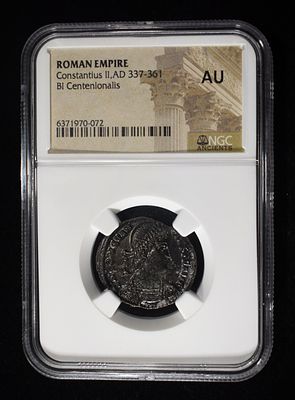 CONSTANTIUS II, AD 337-361 BI CENTENIONALIS NGC AU. ROMAN EMPIRE LEADERS IN ON-LINE AUCTIONS 