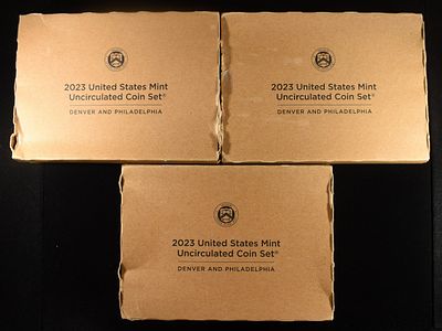 (3) 2023 MINT SETS. BID WITH SILVER CITY AUCTIONS ESTIMATE $75 - $100.
