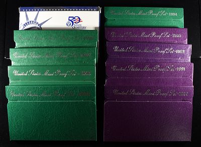 1990-99 US PROOF SETS. WEEKLY COIN & CURRENCY AUCTIONS ESTIMATE $100 - $150.