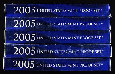 (5) 2005 MINT PROOF SETS. WEEKLY COIN & CURRENCY AUCTIONS ESTIMATE $60 - $80.