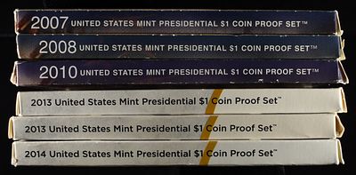PRESIDENTIAL $1 PROOF SETS 07, 08, 10, 14 & (2) 13. TOP RATED AUCTION HOUSE ESTIMATE $75 - $100.