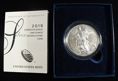2019-W AMERICAN SILVER EAGLE. LEADERS IN ON-LINE AUCTIONS ESTIMATE $90 - $130.