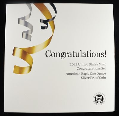 2022-W AMERICAN SILVER EAGLE PROOF. CONGRATULATIONS SET TOP RATED AUCTION HOUSE ESTIMATE $100 - $150.