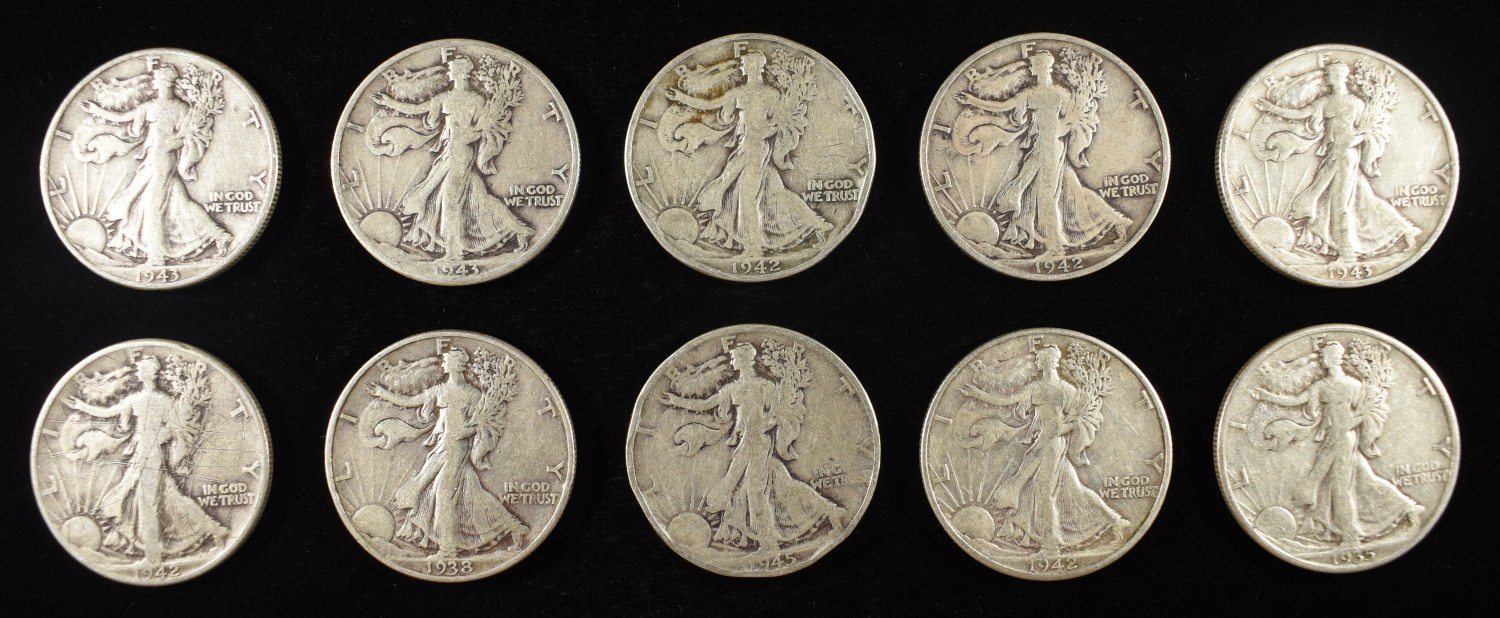 (10) 90% SILVER WALKING LIBERTY HALF DOLLARS