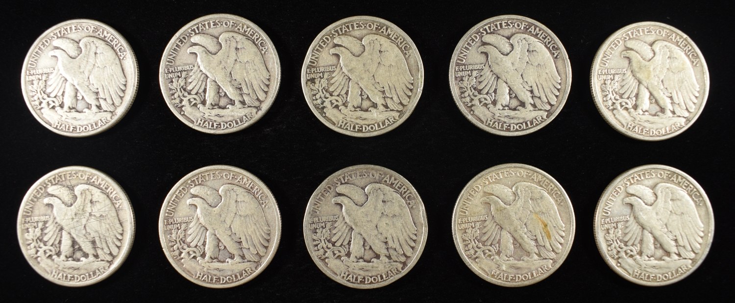 (10) 90% SILVER WALKING LIBERTY HALF DOLLARS