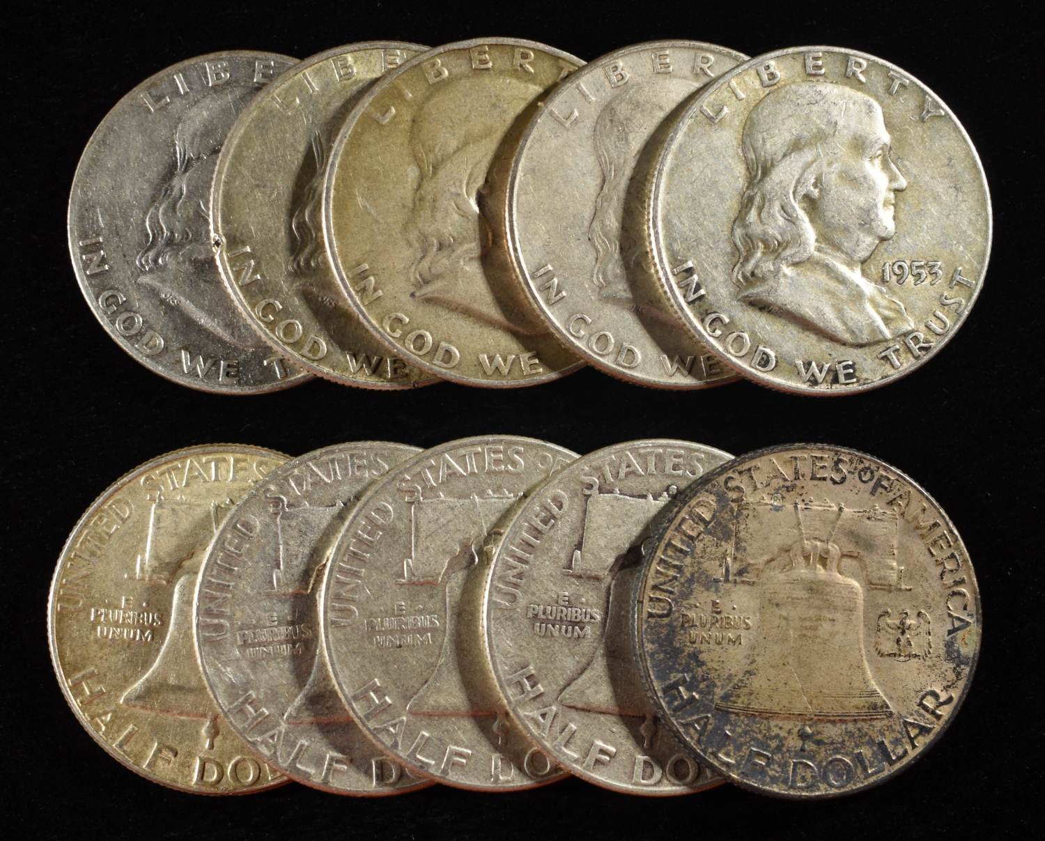 (10) 90% SILVER FRANKLIN HALF DOLLARS