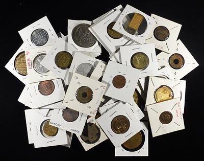 (50) MISC. TOKENS. BID WITH SILVER CITY AUCTIONS ESTIMATE $100 - $150.