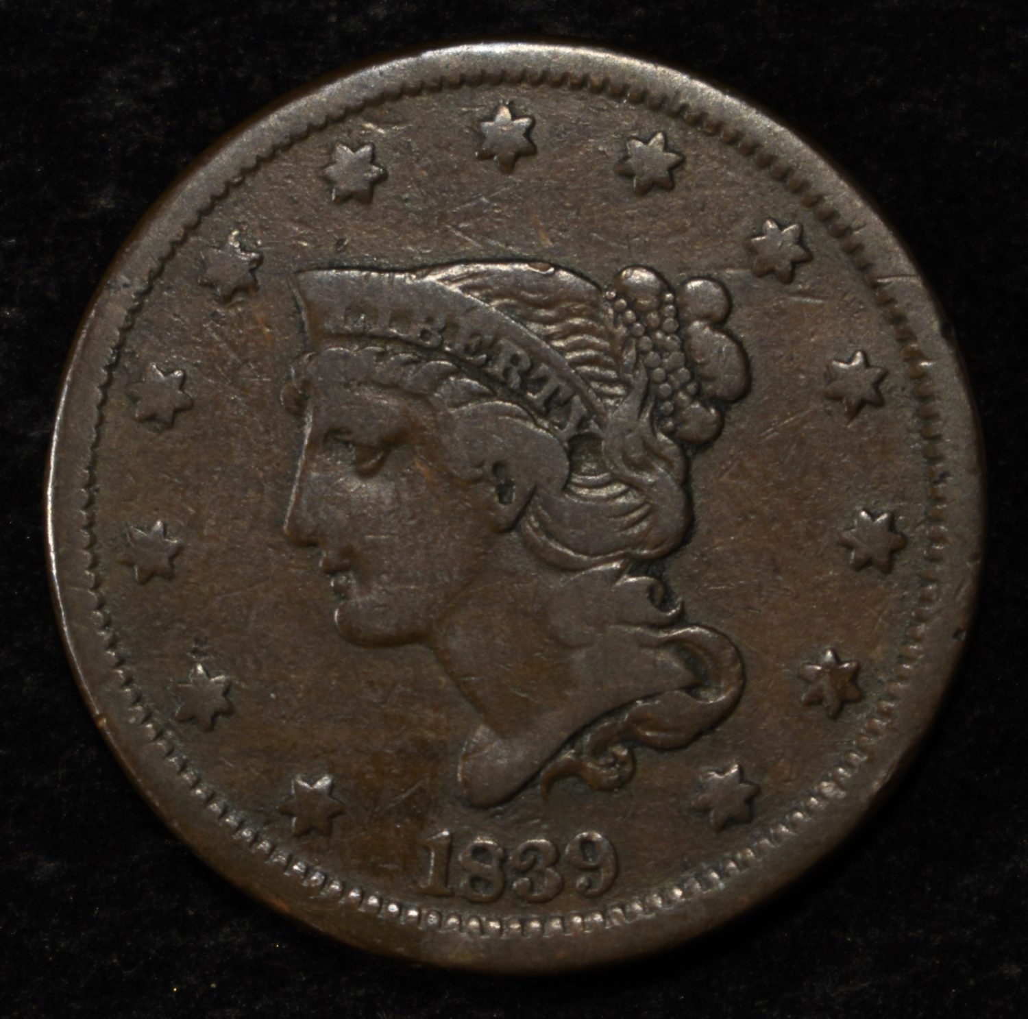 1839 LARGE CENT VF