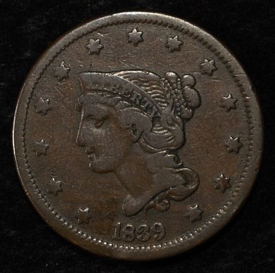 1839 LARGE CENT VF. BID WITH SILVER CITY AUCTIONS ESTIMATE $100 - $130.
