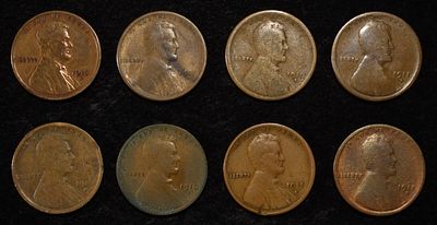 8 NICE EARLY SEMIKEY WHEAT CENTS. 10-S, 11-D, 11-S, 13-S, 15-D, 15-S, 16-D & 16-S ESTIMATE $60 - $80.