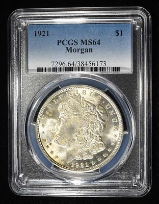 1921 MORGAN DOLLAR PCGS MS-64. WEEKLY COIN & CURRENCY AUCTIONS ESTIMATE $150 - $200.