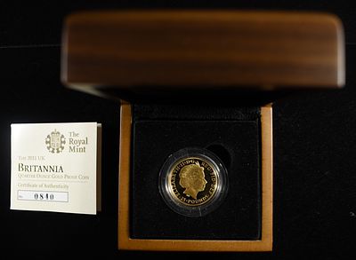 2011 BRITANNIA 1/4TH OZ GOLD PROOF COIN. BID WITH SILVER CITY AUCTIONS ESTIMATE $1500 - $1600.