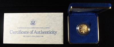 1987-W $5 GOLD COMMEM CONSTITUTION. WEEKLY COIN & CURRENCY AUCTIONS ESTIMATE $1500 - $1700.