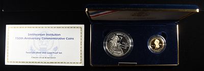 SMITHSONIAN INSTITUTION 150TH ANNIV COMMEM SET. TWO-COIN SILVER AND GOLD PROOF SET ESTIMATE 