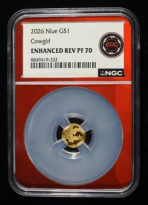 2026 $1 NIUE GOLD COWGIRL NGC ENHANCED REV PF70. CHECK OUT OUR UPCOMING AUCTIONS ESTIMATE $150 - 