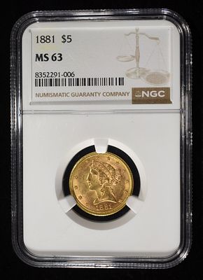 1881 $5 LIBERTY GOLD NGC MS63. LEADERS IN ON-LINE AUCTIONS ESTIMATE $1700 - $2200.