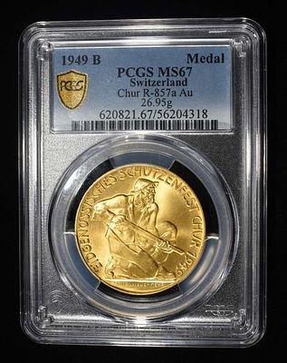 1949 B SWITZERLAND GOLD SHOOTING MEDAL PCGS MS-67. SCHUTZENFEST CHUR R-857A ESTIMATE $6000 - $7000.