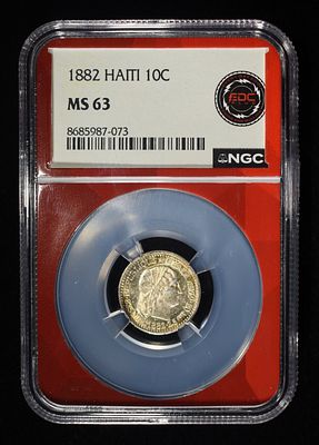 1882 HAITI SILVER 10C NGC MS-63. TOP RATED AUCTION HOUSE ESTIMATE $150 - $200.